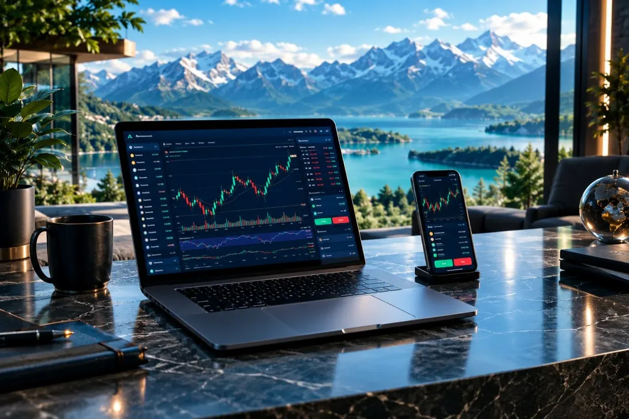 A laptop and a phone running the platform on a desk, mountains at dusk beyond