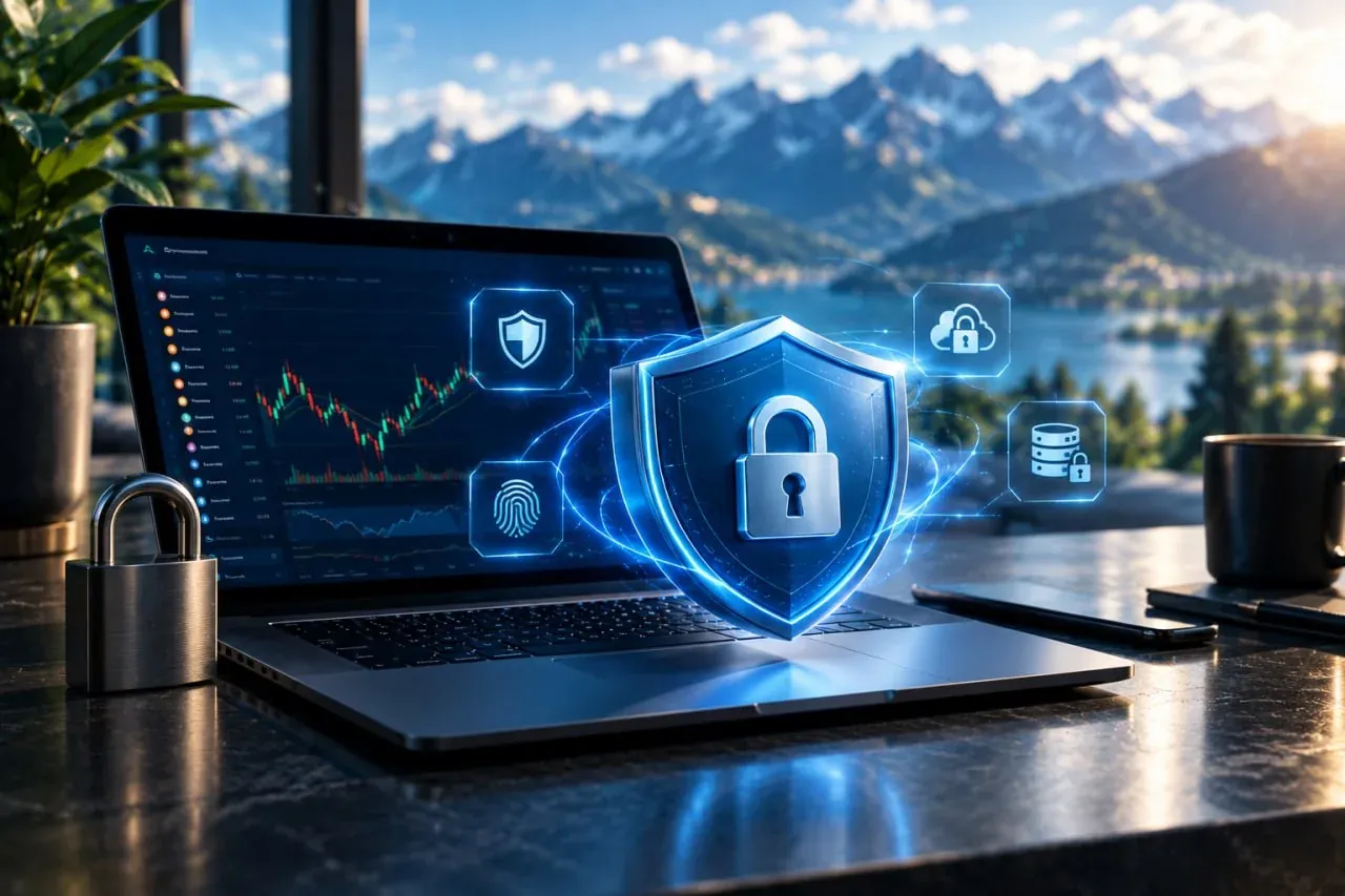A glowing shield and padlock in front of a trading terminal