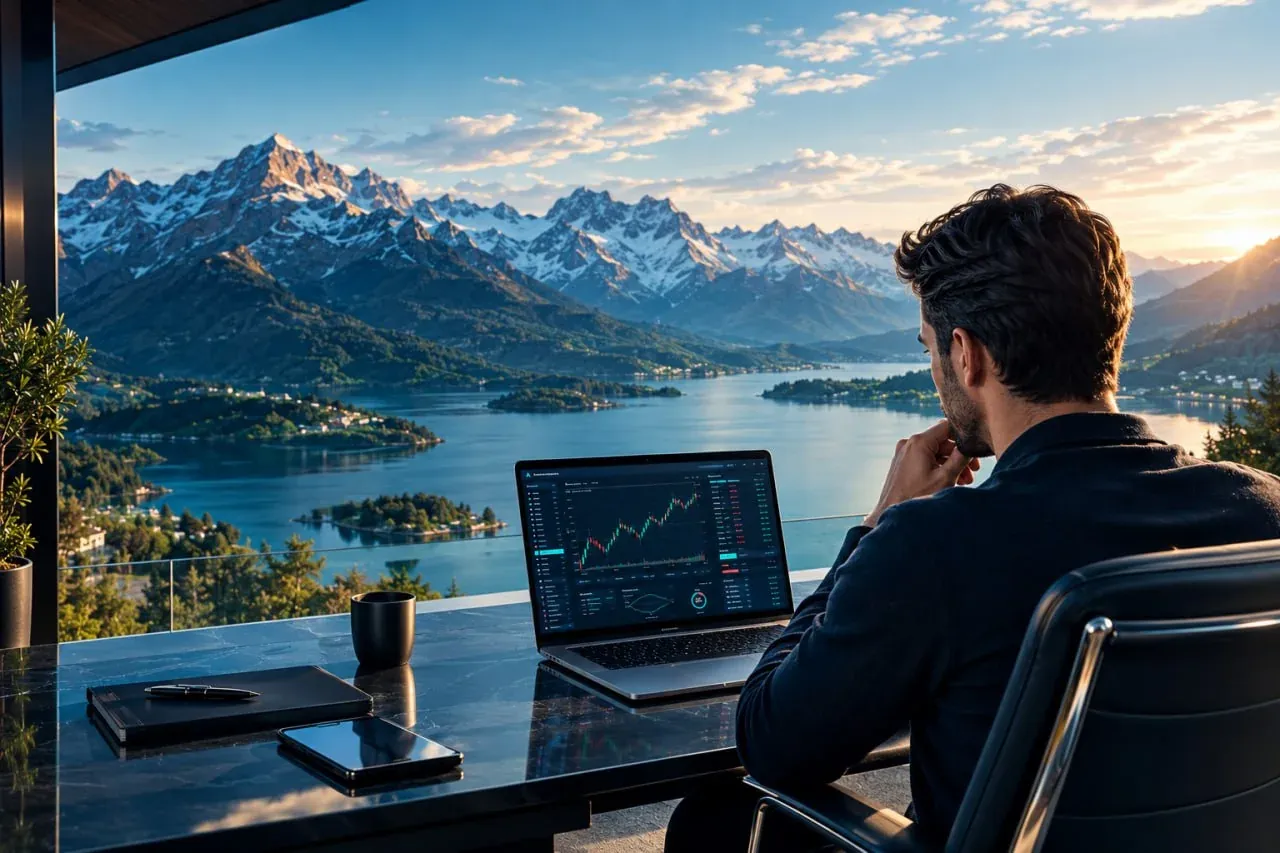 A trader at a desk watching the platform chart, mountains and a lake beyond the window