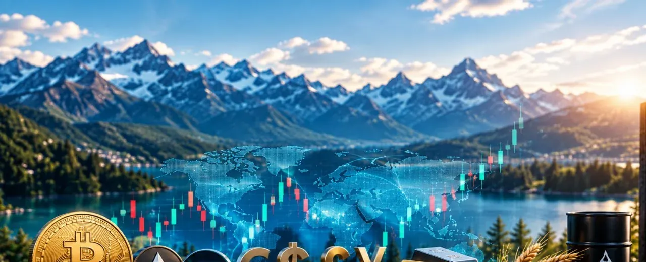 Coins, bars and currency symbols on a desk against a mountain skyline
