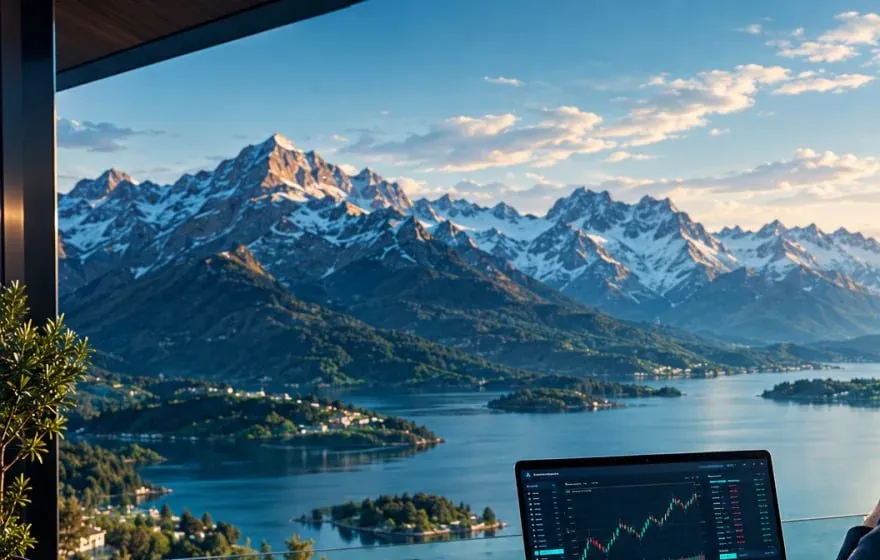 Mountain peaks above a lake at first light