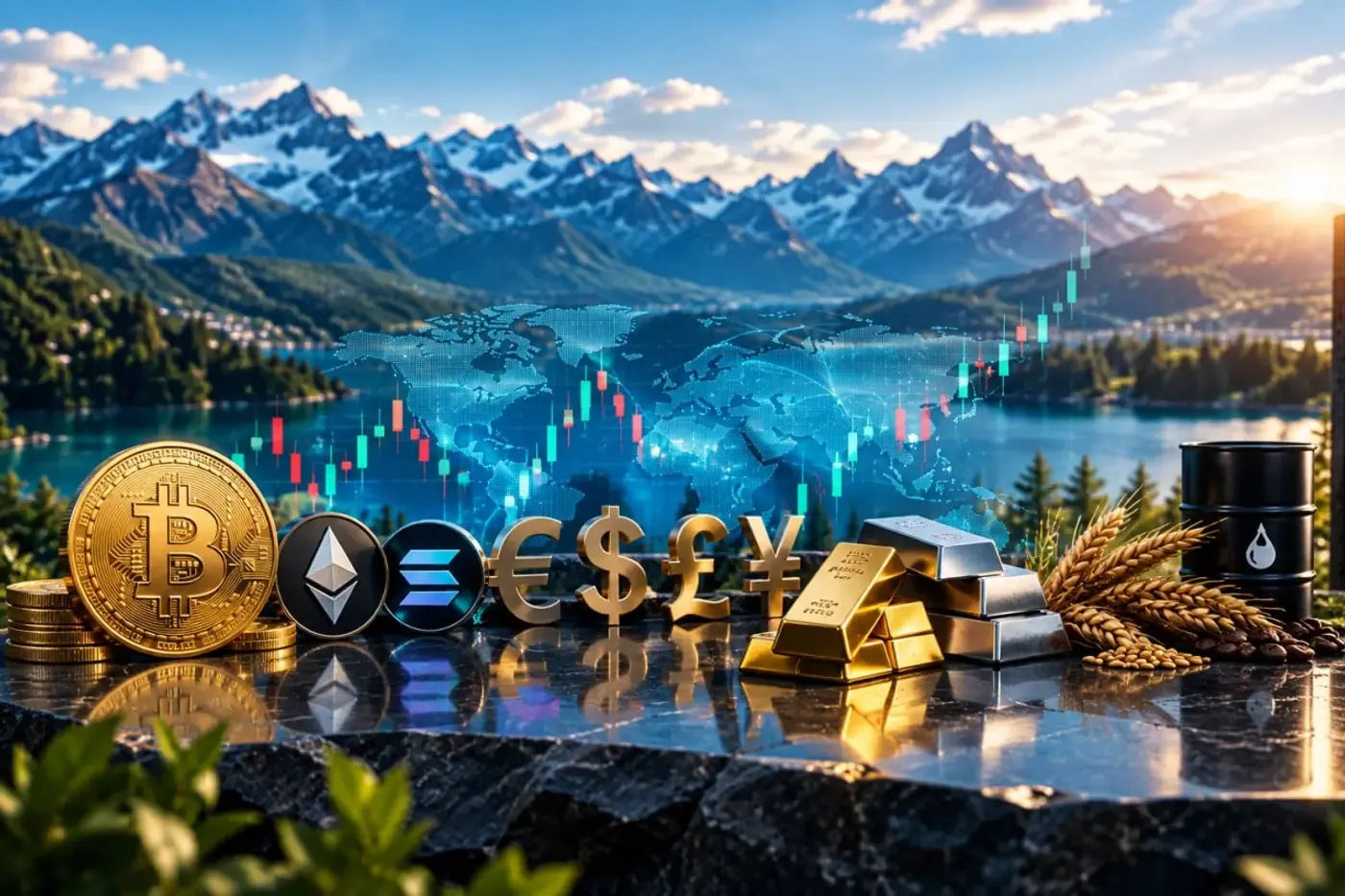 Gold bars, currency symbols and crypto coins on a polished desk above a mountain lake