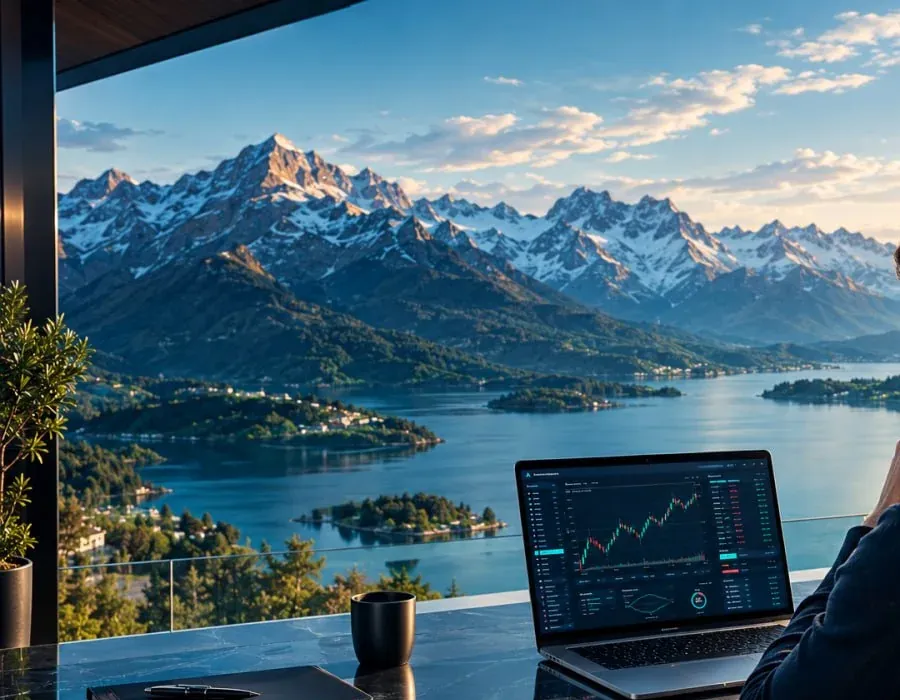 Mountain peaks and a lake at sunrise