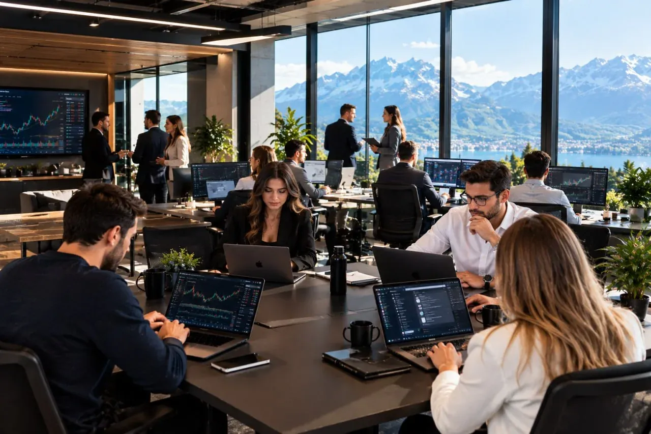 The team at work in an office overlooking the mountains